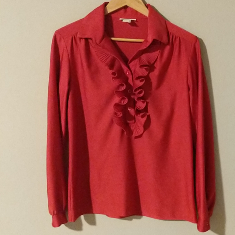 VTG Qiana Nylon Pink Long Sleeve Ruffle Shirt